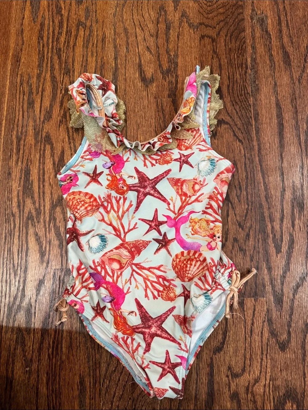 Flapdoodles Coral & Aqua Mermaids Seashells Ruffle One-Piece Swimsuit size 6